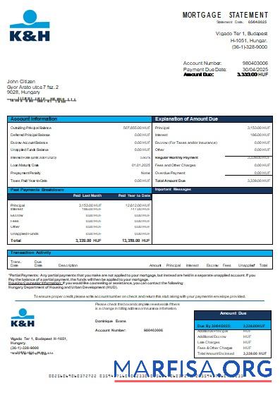 Blank Hungary K&H Bank bank mortgage statement scr sample